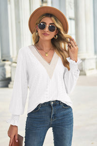 Contrast V-Neck Flounce Sleeve Top