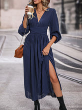 Load image into Gallery viewer, V-Neck Long Sleeve Pleated Slit Dress