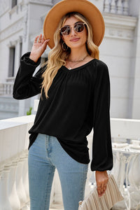 V-Neck Raglan Sleeve Ruched Detail Top