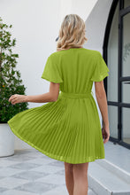 Load image into Gallery viewer, Surplice Neck Tie Waist Flutter Sleeve Pleated Dress