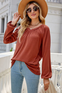 V-Neck Raglan Sleeve Ruched Detail Top