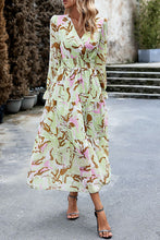 Load image into Gallery viewer, Printed Surplice Neck Flounce Sleeve Midi Dress