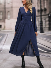 Load image into Gallery viewer, V-Neck Long Sleeve Pleated Slit Dress