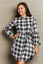 Load image into Gallery viewer, Plaid Tie Waist Lantern Sleeve Mini Dress