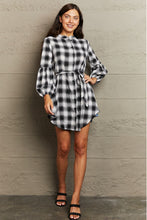 Load image into Gallery viewer, Plaid Tie Waist Lantern Sleeve Mini Dress