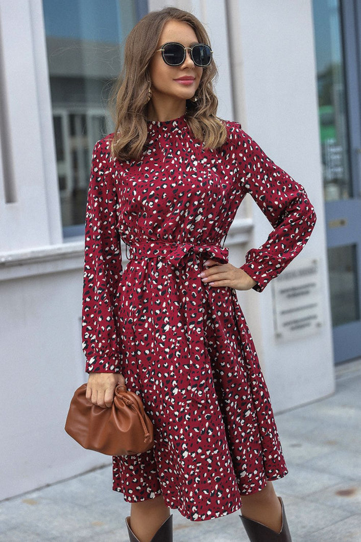 Animal Print Tie-Waist Keyhole Long Sleeve Dress