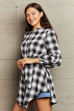 Load image into Gallery viewer, Plaid Tie Waist Lantern Sleeve Mini Dress