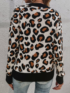 Leopard Round Neck Dropped Shoulder Sweater