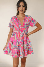 Load image into Gallery viewer, Multicolored Tie Neck Short Sleeve Tiered Dress