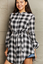 Load image into Gallery viewer, Plaid Tie Waist Lantern Sleeve Mini Dress