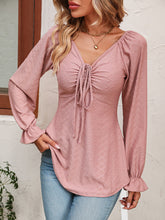 Load image into Gallery viewer, Tie Front V-Neck Puff Sleeve Blouse