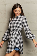 Load image into Gallery viewer, Plaid Tie Waist Lantern Sleeve Mini Dress