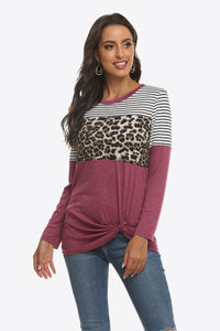 Mixed Print Gathered Detail Long Sleeve Top