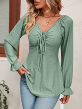 Load image into Gallery viewer, Tie Front V-Neck Puff Sleeve Blouse