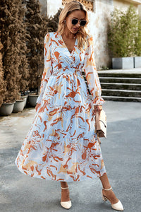 Printed Surplice Neck Flounce Sleeve Midi Dress