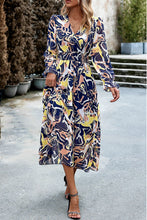 Load image into Gallery viewer, Printed Surplice Neck Flounce Sleeve Midi Dress