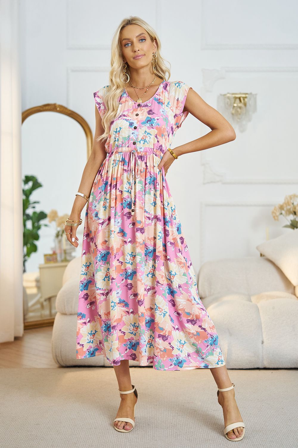 Floral V-Neck A-Line Midi Dress