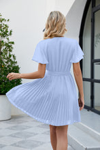 Load image into Gallery viewer, Surplice Neck Tie Waist Flutter Sleeve Pleated Dress