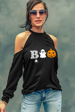 Load image into Gallery viewer, Cold Shoulder Boo Graphic Distressed Blouse